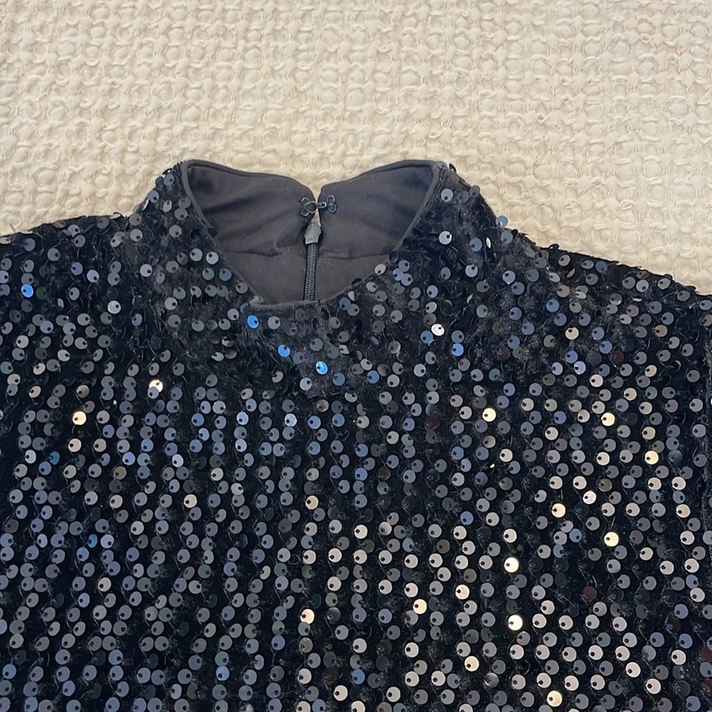 Sanctuary All Nighter Black Sequin Mock Neck Zipper Blouse Top Size M - Picture 3 of 6